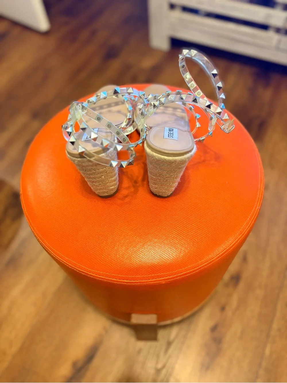 Steve Madden Clear Studded Espadrille Wedges with Metallic Accents